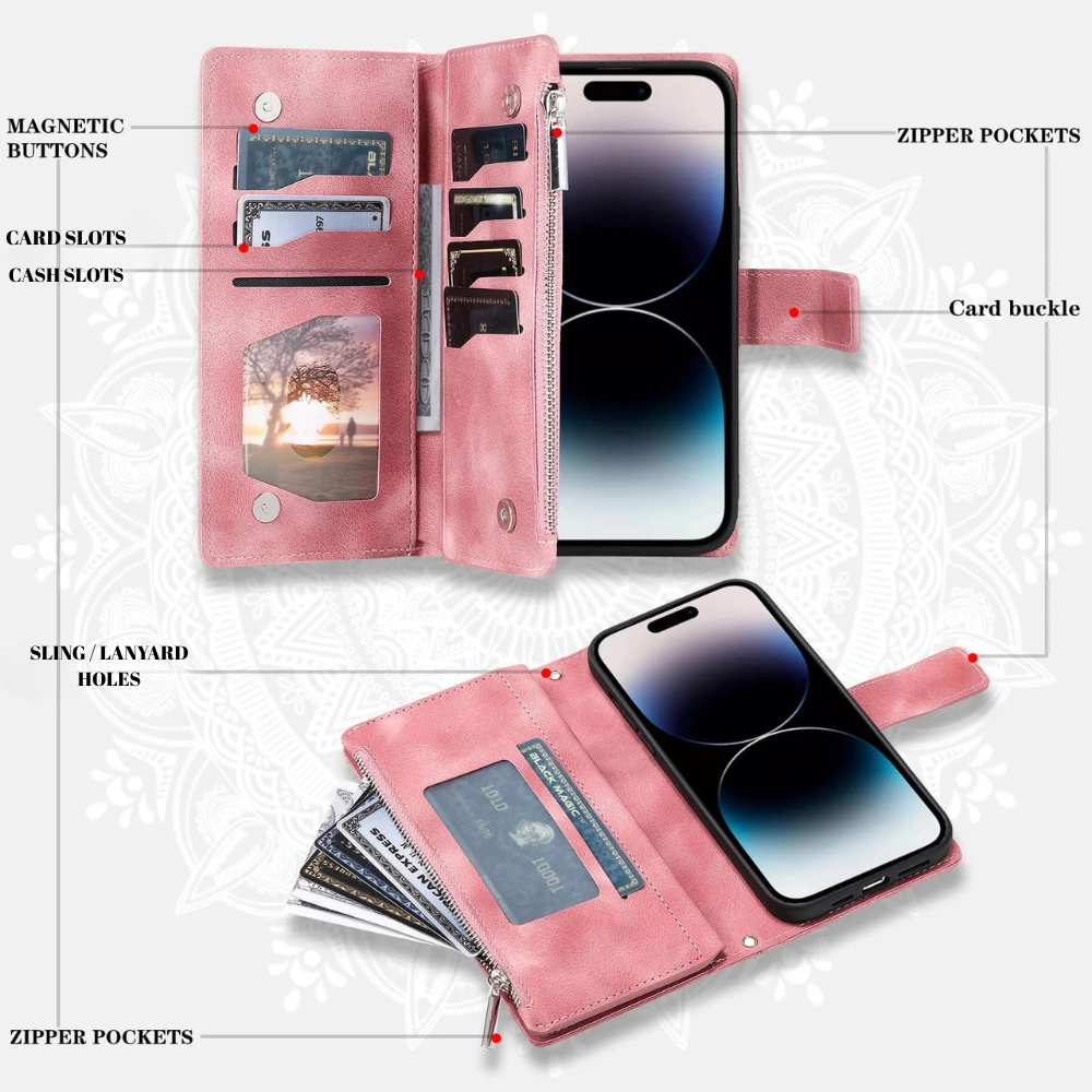 Caelina Magnetic Leather Wallet iPhone Case With Straps